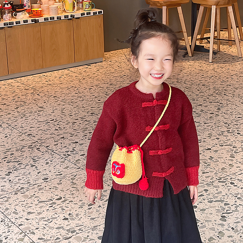 Bolsas de felicitación de Año Nuevo para niños, bolsas de cambio de gancho hechas a mano, nuevos bolsos de cuerda de dibujo, bonitos niños, sobre rojo