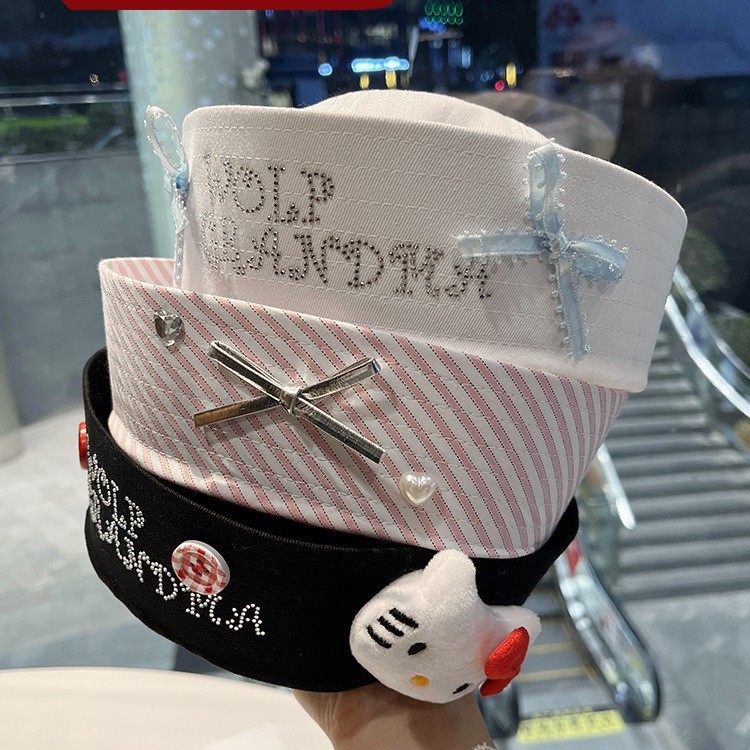 Cute Kt Cat Sailor Hat for Women, New Bowknot Rhinestone Bucket Hat, Millennial Hot Girl Flap Navy Beret Trend