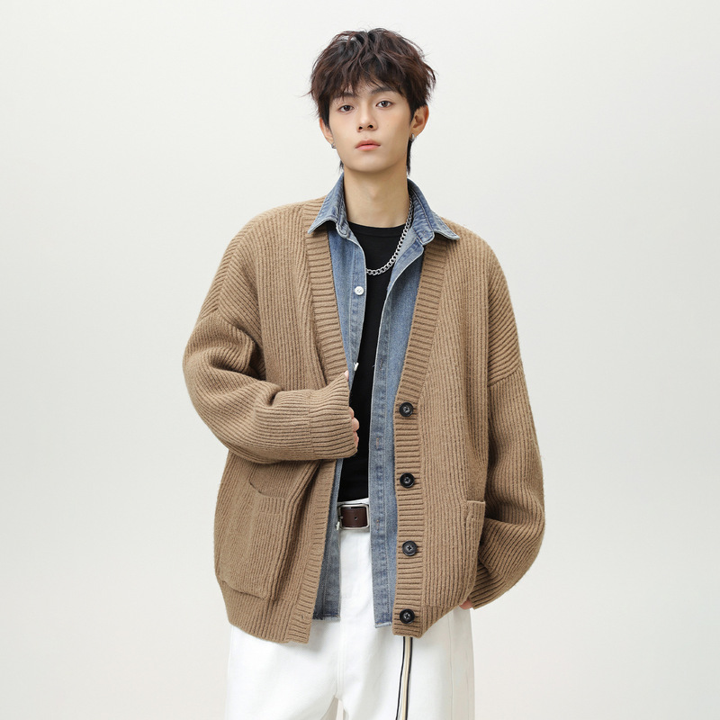 Thick Knit Texture Lazy Style Cardigan Sweater for Men, Autumn and Winter Japanese Retro Solid Color V-Neck Knitwear Jacket Q