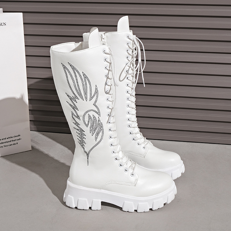 Women's Plus Size Knee High Zipper Boots British Style Embroidered Retro Slim Fit Thick Sole Round Toe Autumn_voghion.com
