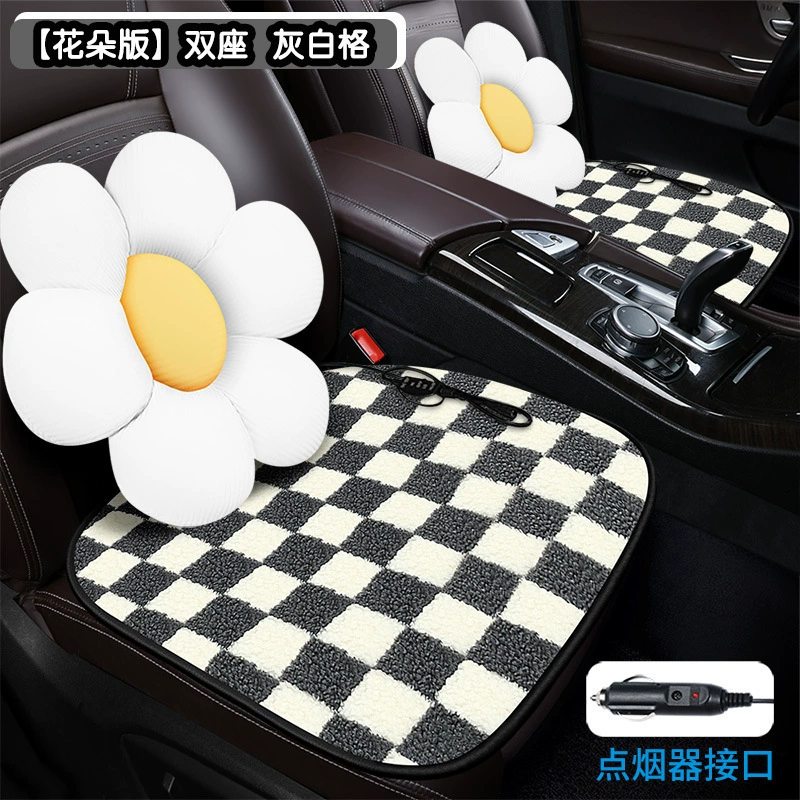 Heated car seat cushion, flowered cartoon design, USB or cigarette‑lighter, single/double sizes