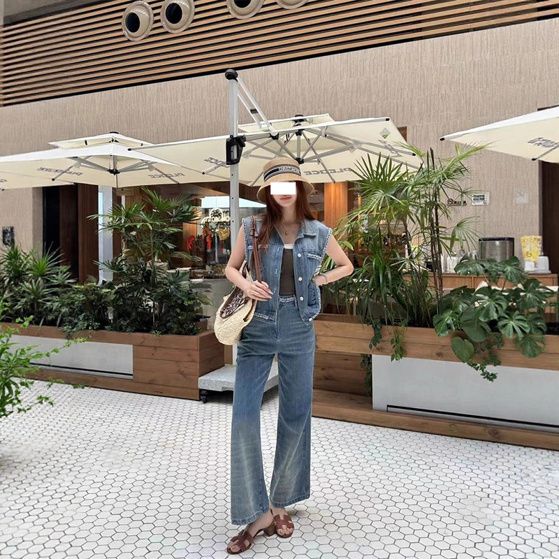 Mom Version! Tweed Style Twist Edge Fashion Casual Denim Suit Women's Lapel Vest Wide-Leg Jeans