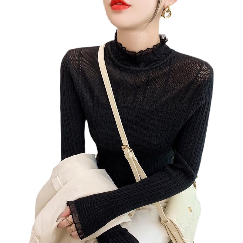 Half-High Collar Lace-Trimmed Base Shirt, Fashionable and Stylish Sweater, Slim-Fit Autumn New 2026 Knitwear Women's Top