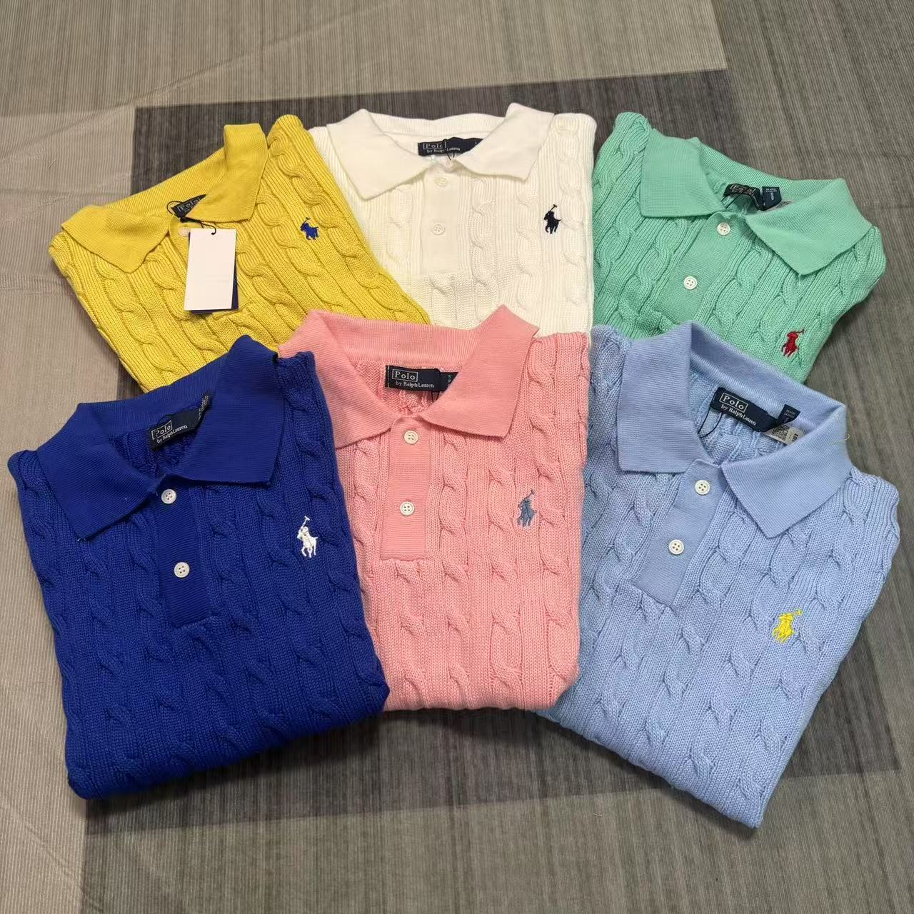 Cross-Border Macaron Color Shalaf Pony Logo Embroidered Cable Knitted Polo Shirt Cotton Short-Sleeved T-Shirt Top for Women