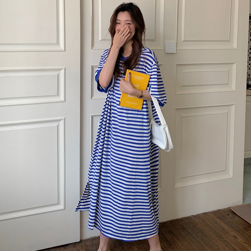 2023 Korean Style Loose Lazy Striped Short-sleeved dress Women's oversize plus size Pregnant Women's Long Dress Beach Dress