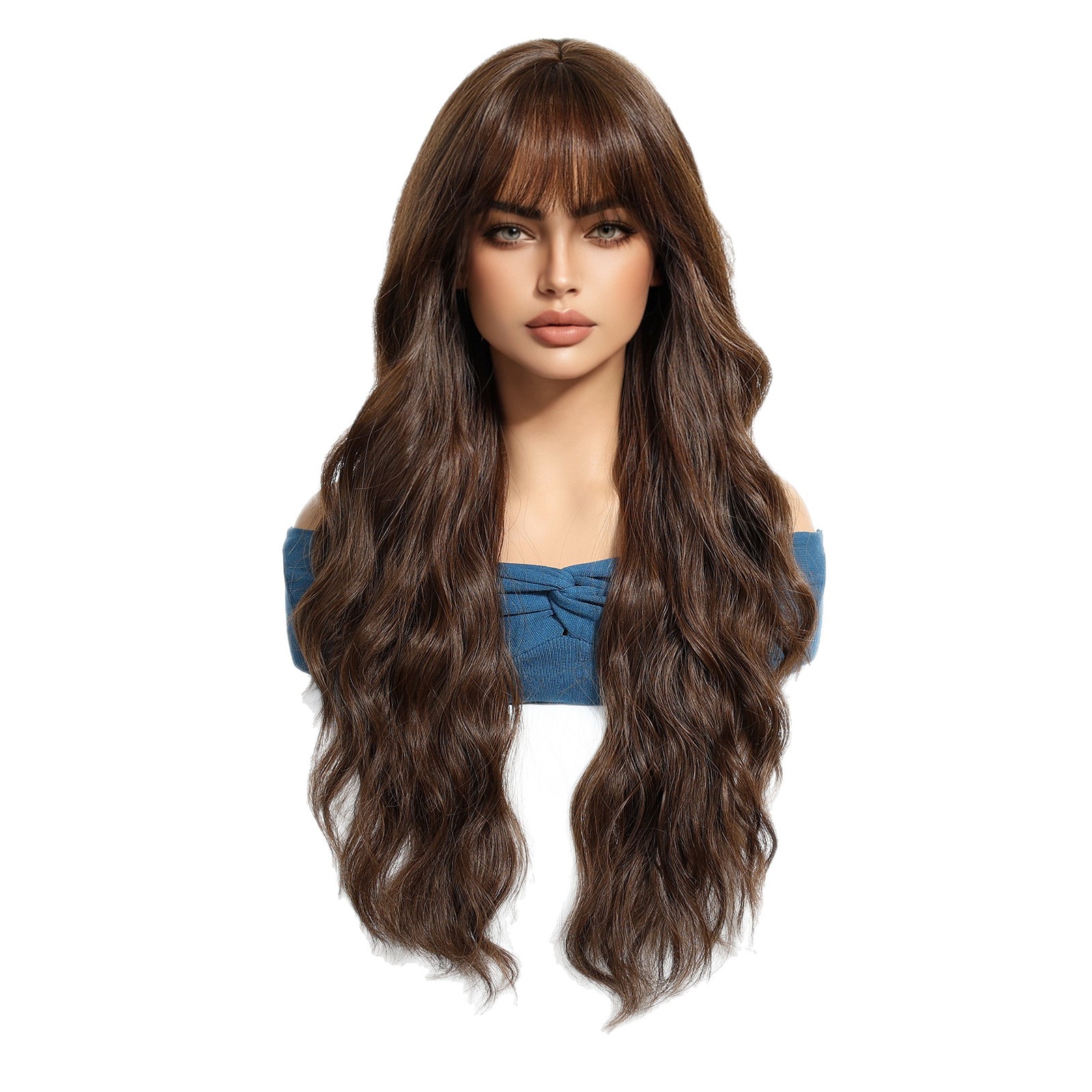 SHIEN transfronterizo primavera nueva moda vigorosa flequillo ondulación del agua larga peluca rizada pelucas de pelo completo
