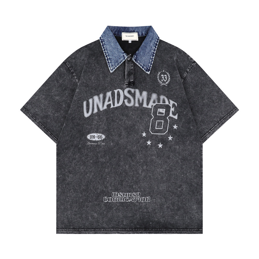 Wash Old Loose Short-sleeved POLO Shirt Men's Trendy Brand Street Letter Printed Lop Casual T-shirt INS Top