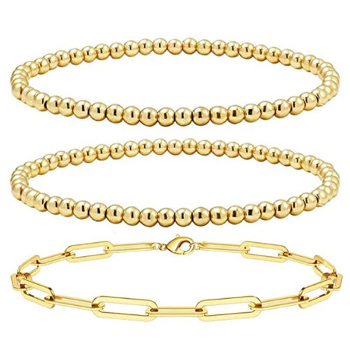 European and American cross-border jewelry gold-plated round beads simple versatile 4mm 6mm safety pin bracelet elastic cord