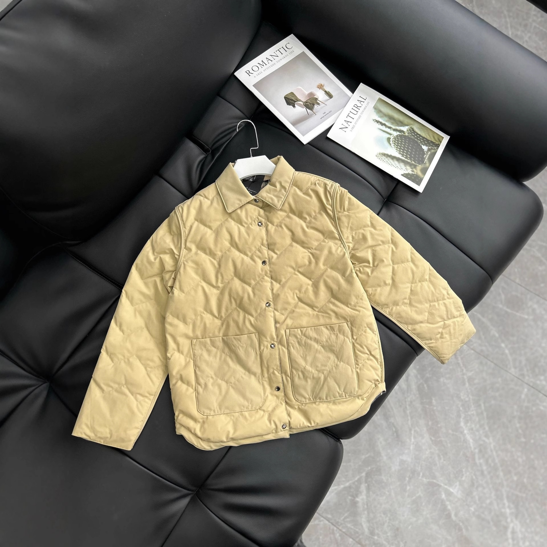 【现货】bur撞色拼接翻领格纹外套双面可穿90白鸭绒羽绒服夹克