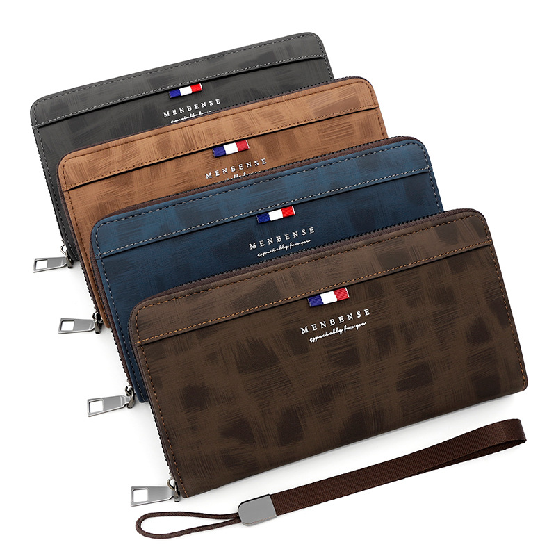 Estilo coreano casual de los hombres de mediana longitud de gran capacidad de la Cremallera de la cadena de moda Cartera de embrague bolso del teléfono móvil monedero de la moneda