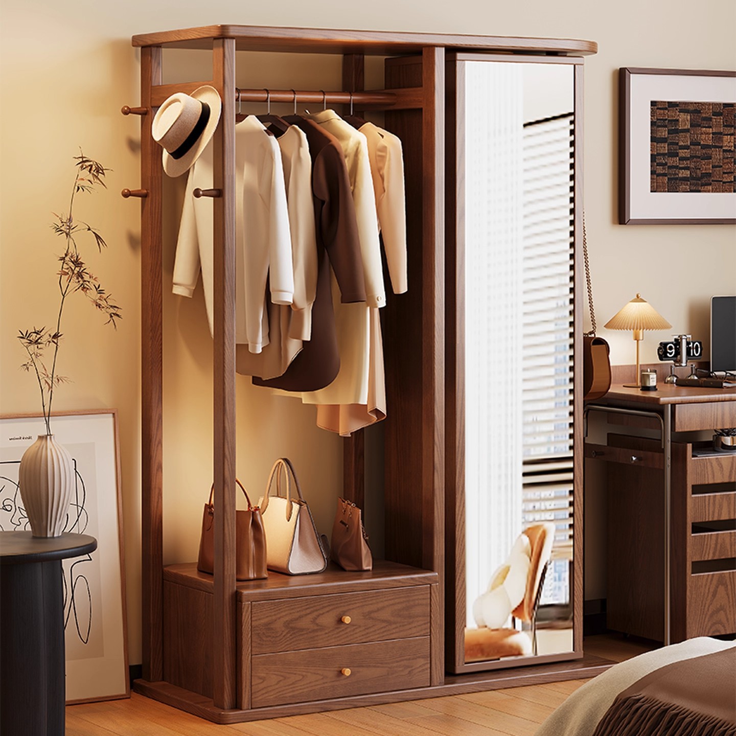 Solid Wood Floor-Standing Clothes Rack, Home Bedroom Coat Rack, Dressing Mirror, Integrated Space-Saving Storage Rack