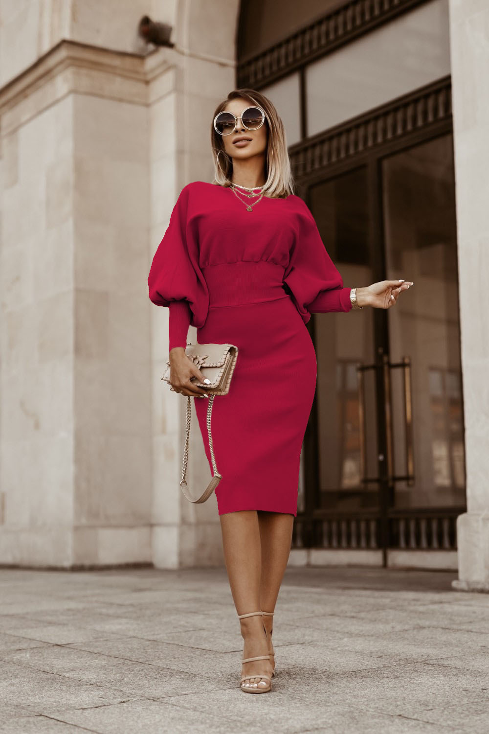 Women's Pencil Skirt Elegant Round Neck Patchwork Long Sleeve Solid Color Knee-length Daily display picture 5