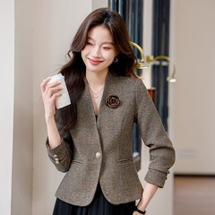 2025春秋新款短款咖色小西装外套女小香风小个子休闲毛呢西服上衣