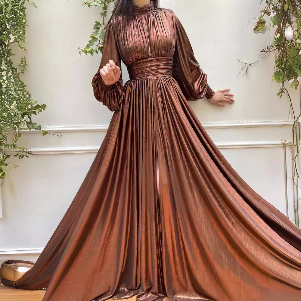 Abbigliamento da donna Abito con scollo a V e vita alta in stile palazzo di alta qualità, gonna a ruota grande, avocado verde_voghion.com