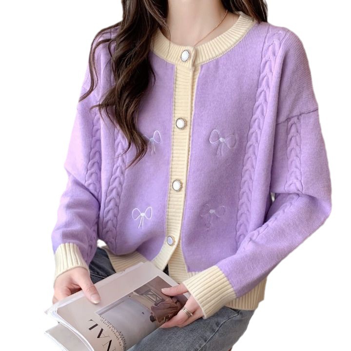 24 Dongpuyuan nuevo suéter de punto de moda coreano de cuello redondo de manga larga arco de color multi-botón