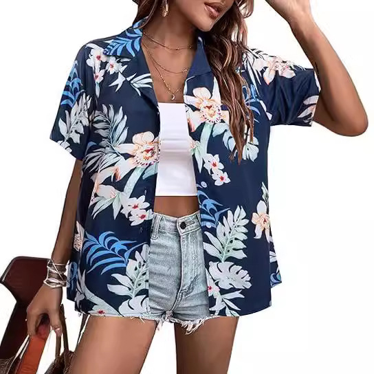 2024 Foreign Trade Women's Hawaiian Shirt Flower Tropical Print V-Neck Summer Top Short Sleeve Button T-Shirt 2024 Foreign Trade Women's Hawaiian Shirt Flower Tropical Print V-Neck Summer Top Short Sleeve Button T-Shirt