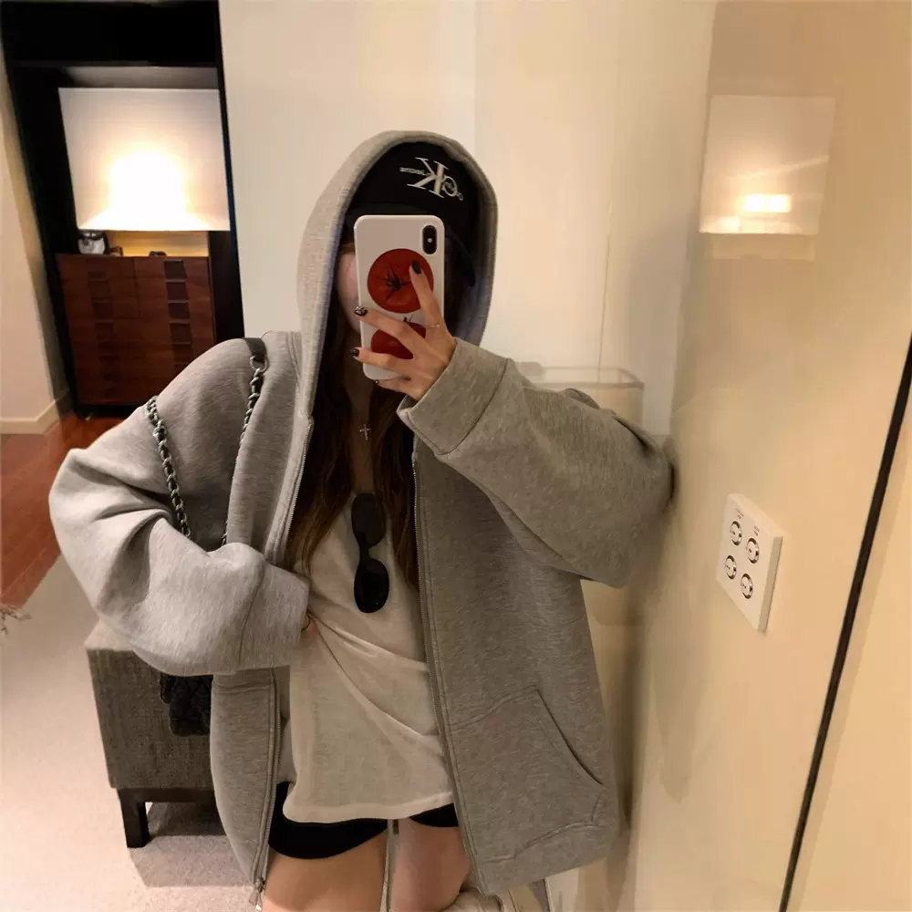 实拍~休闲连帽百搭空气层时尚开衫长袖卫衣女宽松上衣外套女装