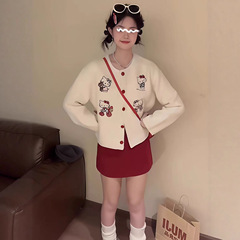 白色仿水貂绒毛衣开衫女秋冬韩系甜美Kitty猫刺绣针织衫上衣外套