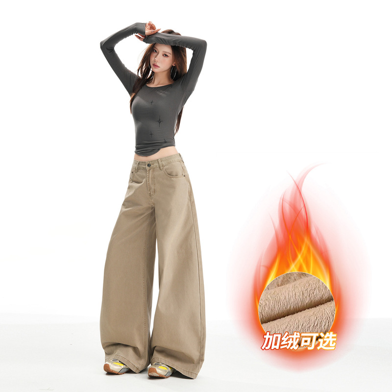 【Jin Yin】3 Colors/Autumn and Winter New American Retro Low-Waist Slimming Loose Wide-Leg Fleece-Lined Casual Jeans for Women