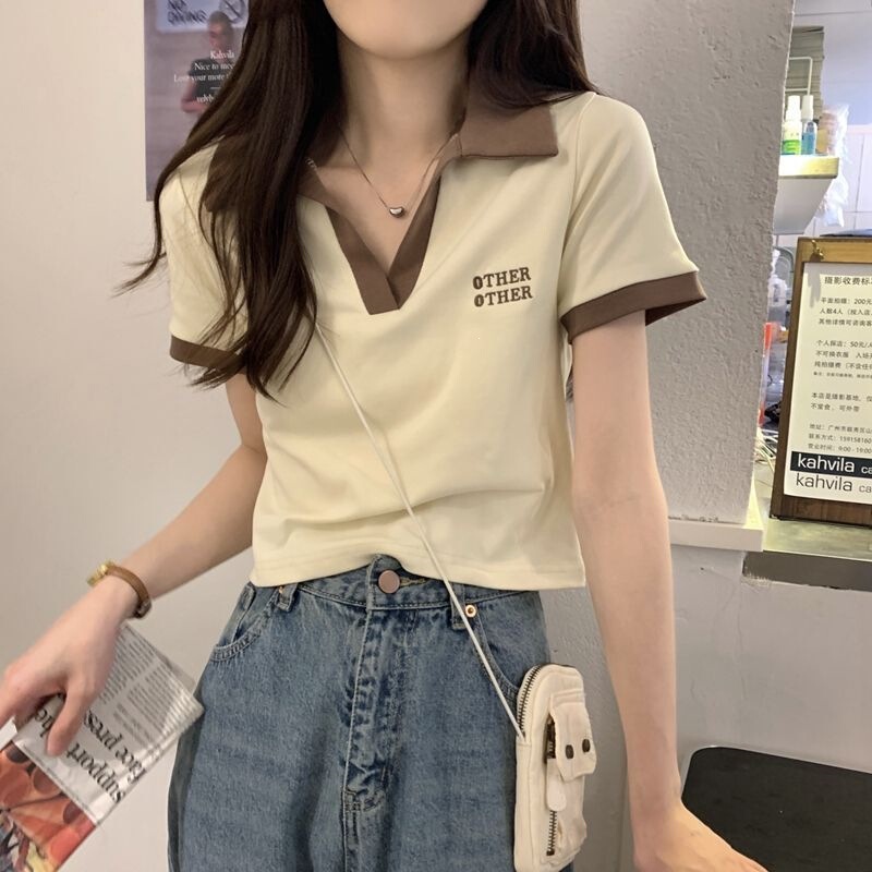 Color-Blocked Short-Sleeve Polo Collar T-Shirt for Women, Spring/Summer, Petite Size 150, Short Style, Sweet and Spicy Bm Style Top Paired with Jeans