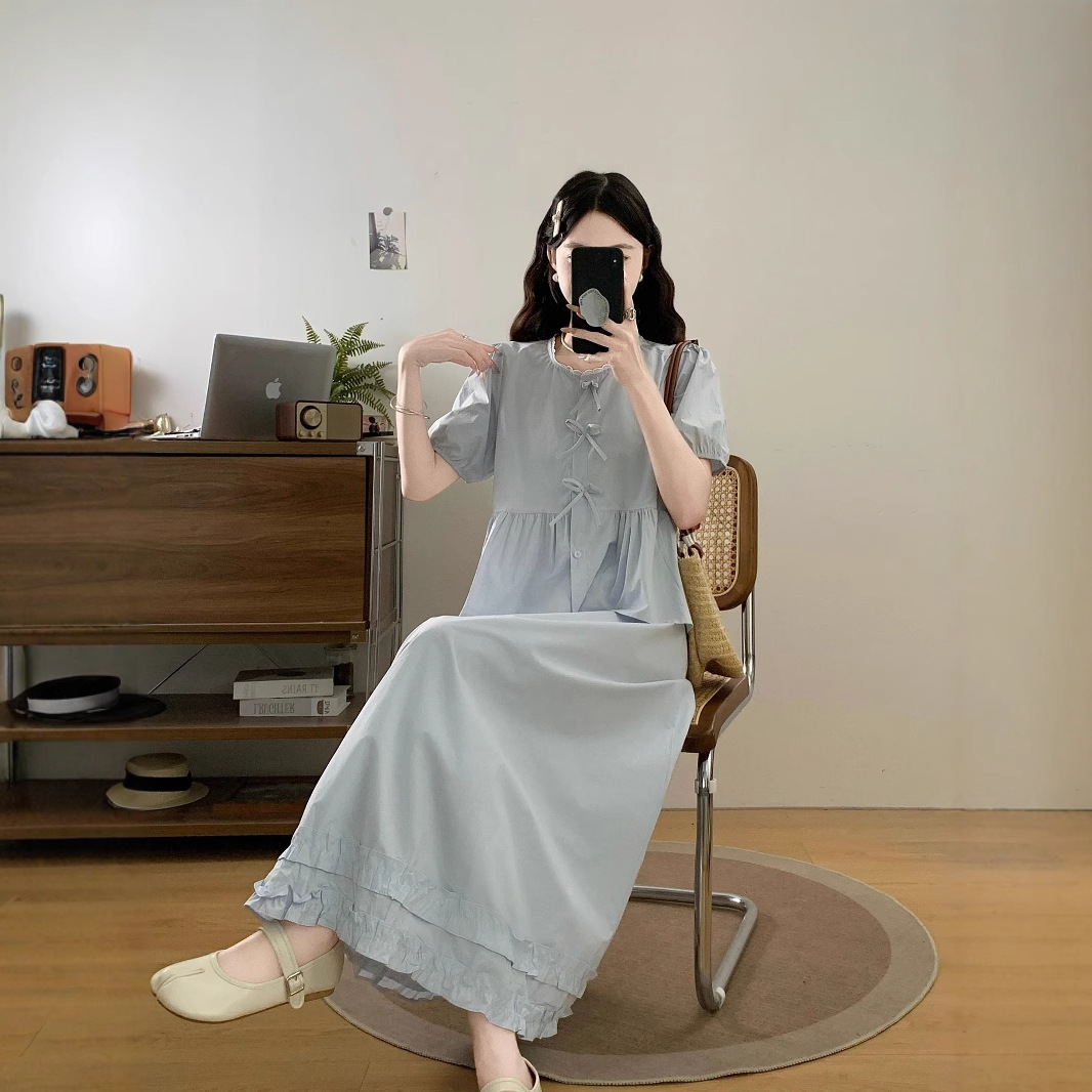Plus Size Korean Sweet Age-Reducing Bow Short-Sleeved Loose Doll Shirt + Skirt Women's Flesh-Covering Fashion Suit