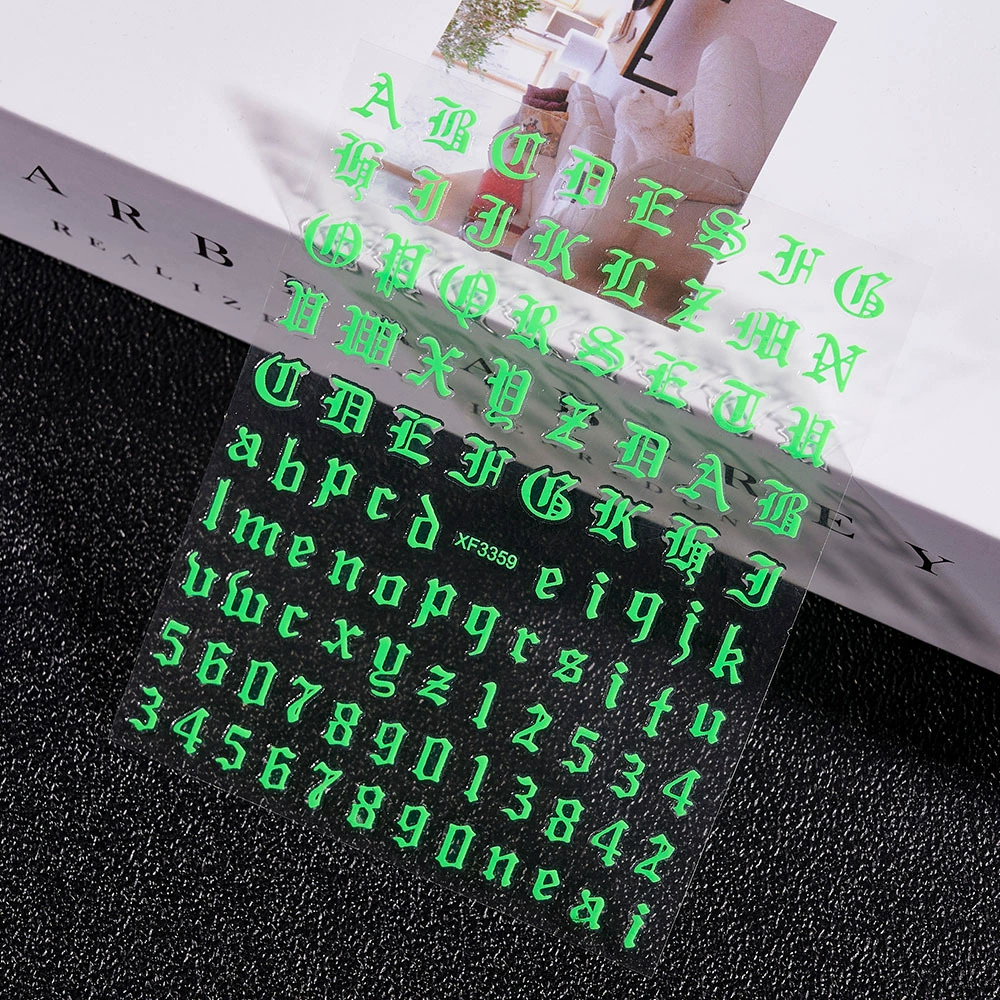 Внешняя торговля Горячие 3D клейкие буквы наклейки для украшения ногтей флуоресцентные желто-зеленые самоклеящиеся Пластиковые самоклеящиеся наклейки для ногтей умирают