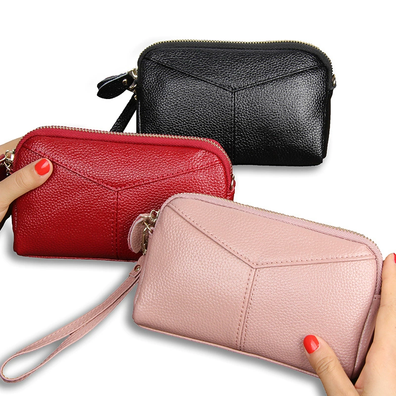 Fashionable small clutch bag with zipper, wrist bag, purse, long wallet, shoulder bag, genuine leather, Korean style