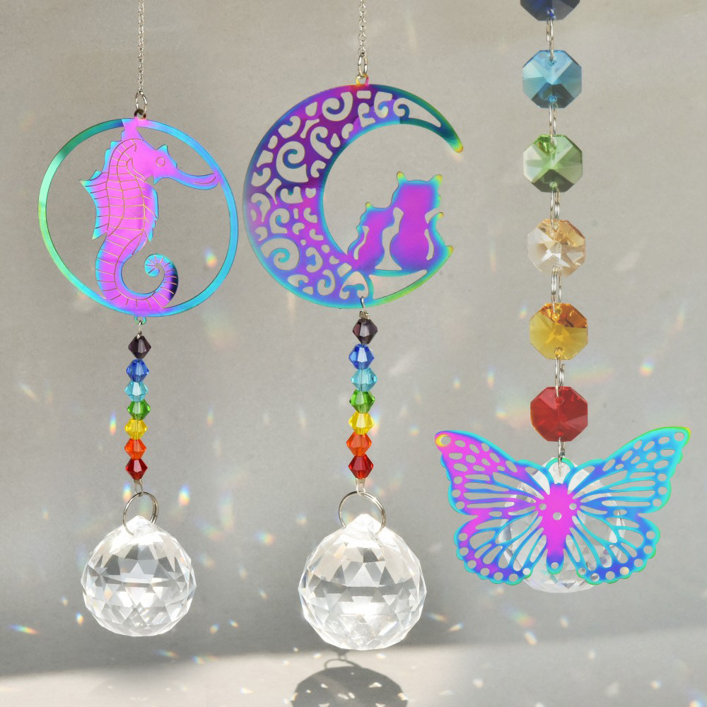 Colgante de cristal al por mayor suministro transfronterizo decoración jardín colorido mariposa gatito serie Crystal Sun Catcher viento carillones