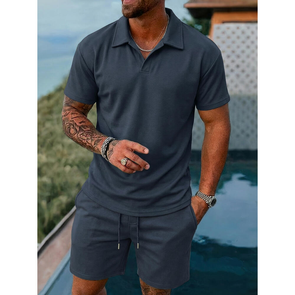 Plus-size, light luxury men's short-sleeved polo shirt set, 2026 summer style, cool-feel shorts complete outfit