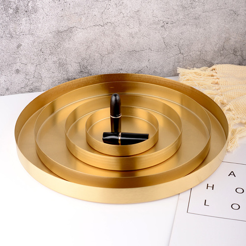 Nordic ins style light luxury storage disc gold stainless steel round straight edge tray cosmetics jewelry tea tray