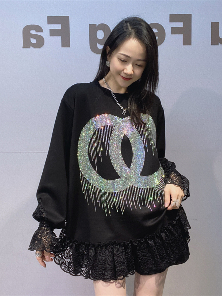 Ropa de Mujer Europea y estadounidense transfronteriza suelta y de alta gama blusa de manga larga de encaje de otoño femenino empalmada camisa de manga larga de cuello redondo de diamante de agua image 1