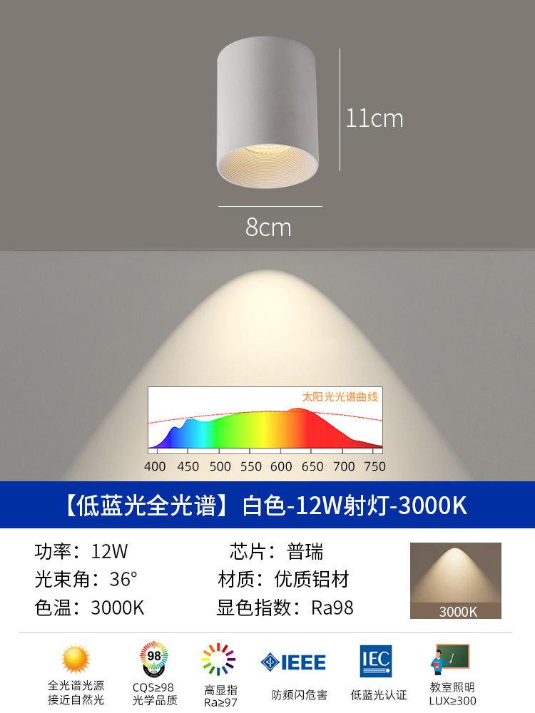 All-aluminum surface-mounted spotlight 12w [white ten white cup] 3000k