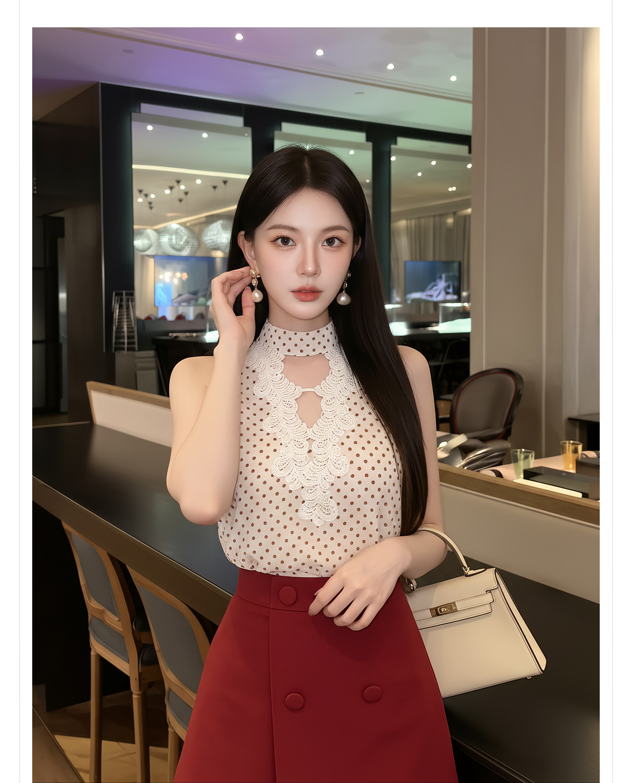 Bộ áo vest và chân váy ngắn họa tiết chấm bi phong cách tân cổ điển mùa hè — Trang phục [Vest+Half Dress], nửa váy, Trang phục [Áo vest+quần short], quần đùi chi tiết 4