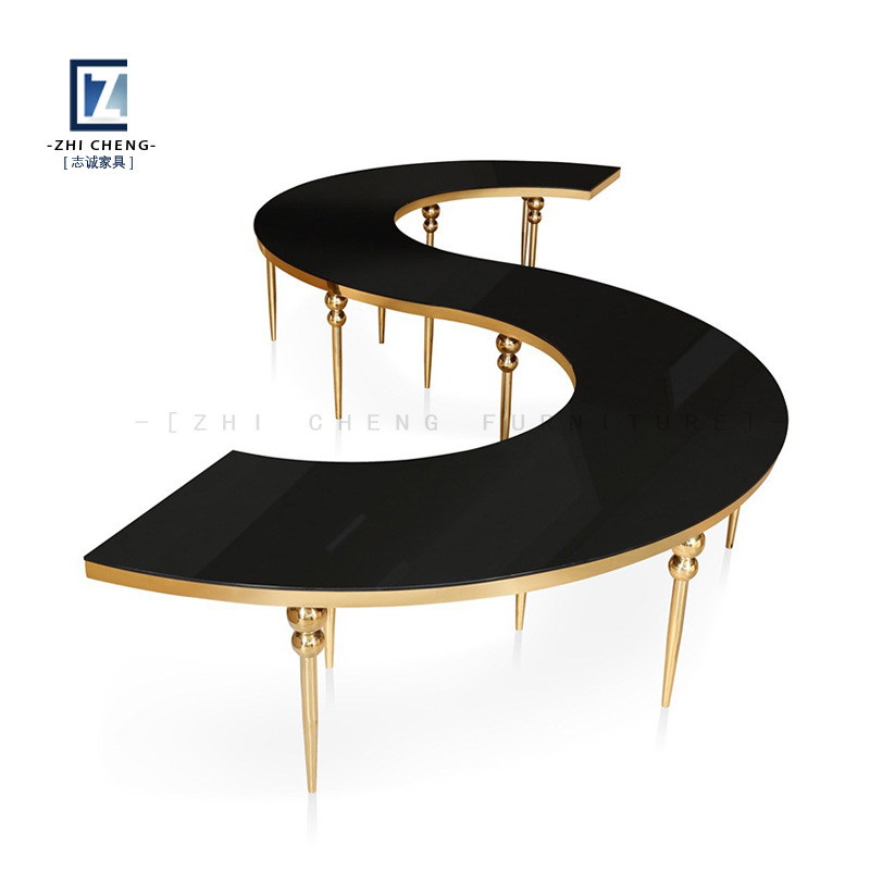 Mesa de boda para exteriores con tablero ovalado de vidrio dorado y acero inoxidable, mesa de comedor combinada para alquiler de banquetes integrada