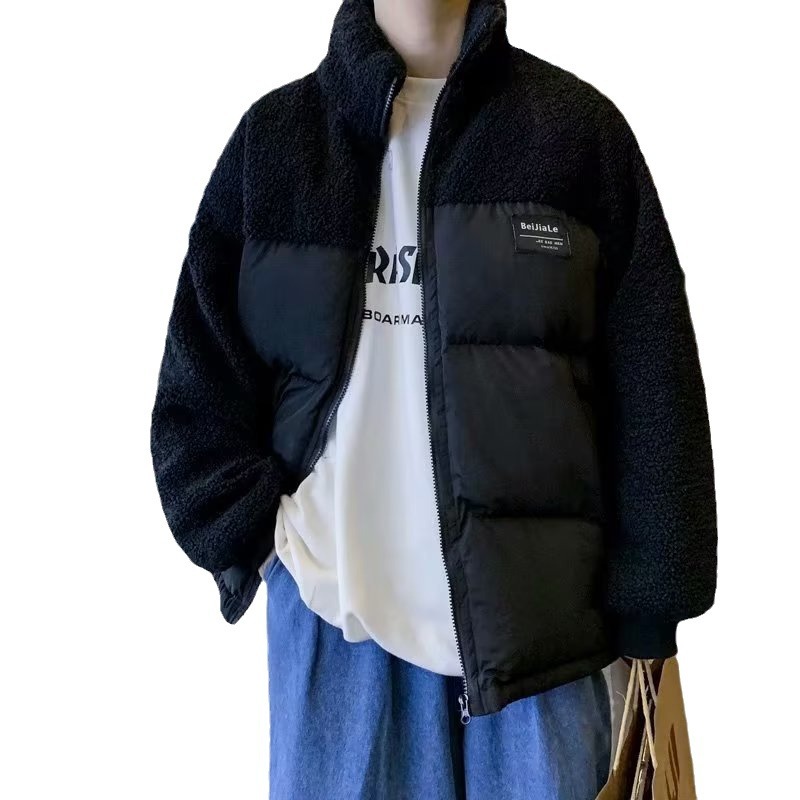 Chaqueta de lana de cordero tendencia masculina 2024 otoño e invierno estilo de Hong Kong costura chaqueta acolchada de algodón pareja ropa acolchada de felpa hermosa marea ins