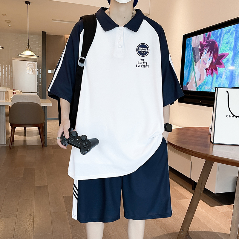 新学院风POLO衫T恤男短袖短裤两件套青少年翻领套装5015-P45
