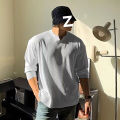 V领褶皱垂感螺纹宽松上衣男春秋新款健身长袖T恤肌肉男运动训练服