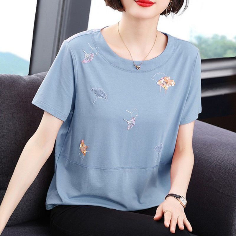 Cotton mother embroidered short sleeve T-shirt 2025 new loose plus size belly cover foreign style Joker coat cross-border wholesale