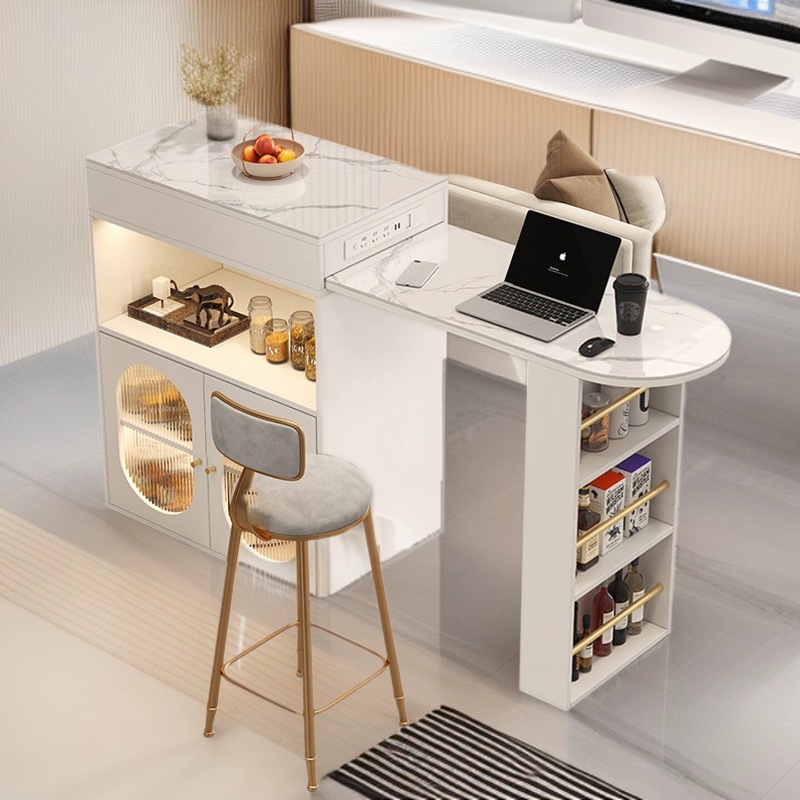 Home Small Apartment Retractable Rotating High Table Internet Celebrity Living Room Bar Table with Plug-In Strip Light Luxury Sideboard Leisure