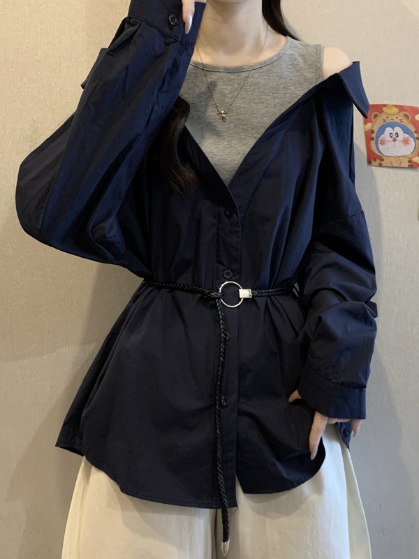 中长款系带收腰长袖衬衫女款春秋2025大码胖mm显瘦假两件露肩上衣|undefined