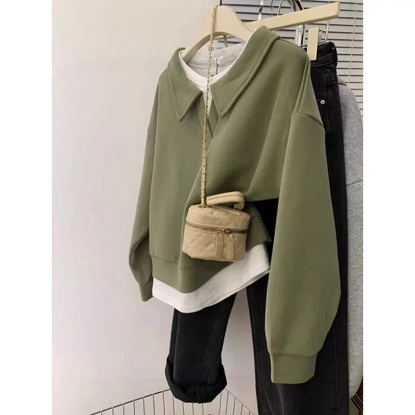 Plus size 100kg genuine two-piece polo collar sweatshirt for women