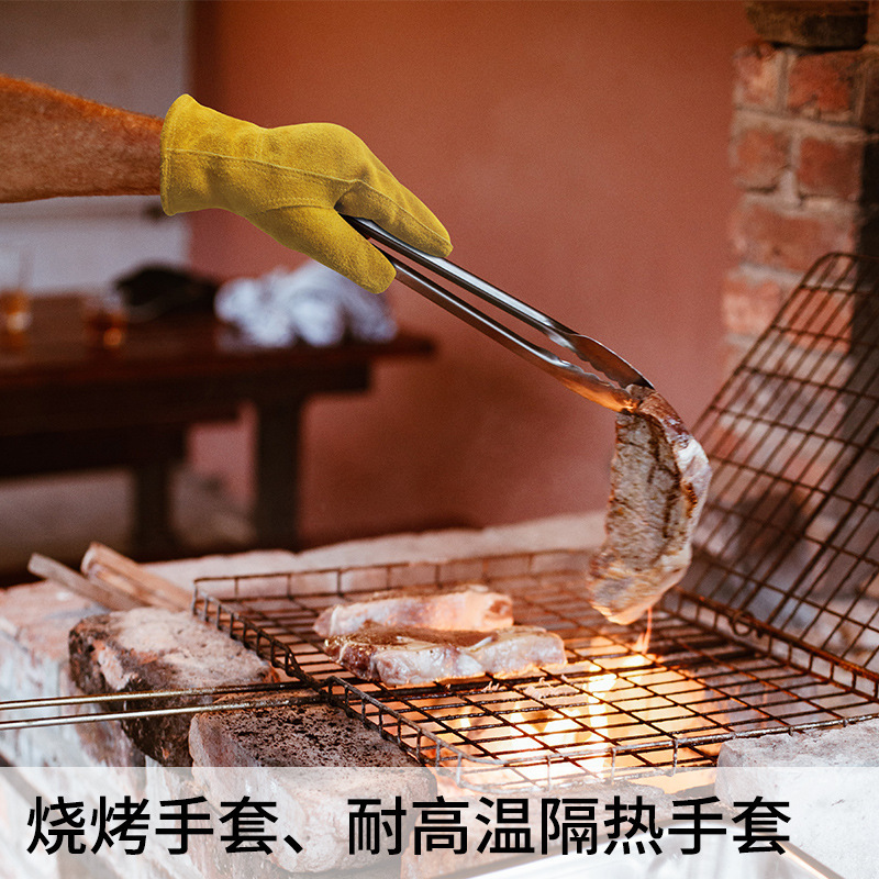 COWHIDE 난연 용접 장갑 야외 캠핑 단열 알루미늄 호일 고온 용접 유지 보수 용접기 작업 장갑