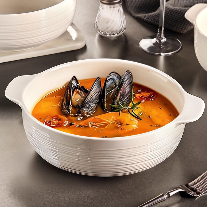 Ceramic White Double-Handle Soup Bowl, High Aesthetic Value, New Household Soup Basin, Large Instant Noodle Bowl, Large Bowl for Pickled Fish, Bowl and Plate