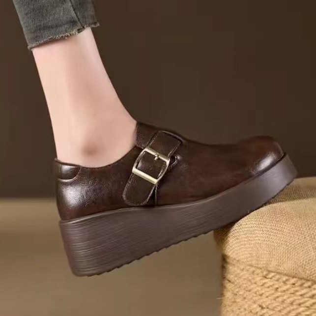 2026 Spring New Korean Style Loafers With Round Toe And Buckle Strap, Genuine Soft Leather Thick-Soled Height-Increasing_vogvips.com