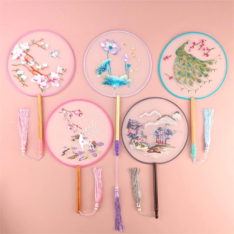 古典风印花团扇 长柄圆形刺绣宫扇 夏季热销古装表演道具扇子