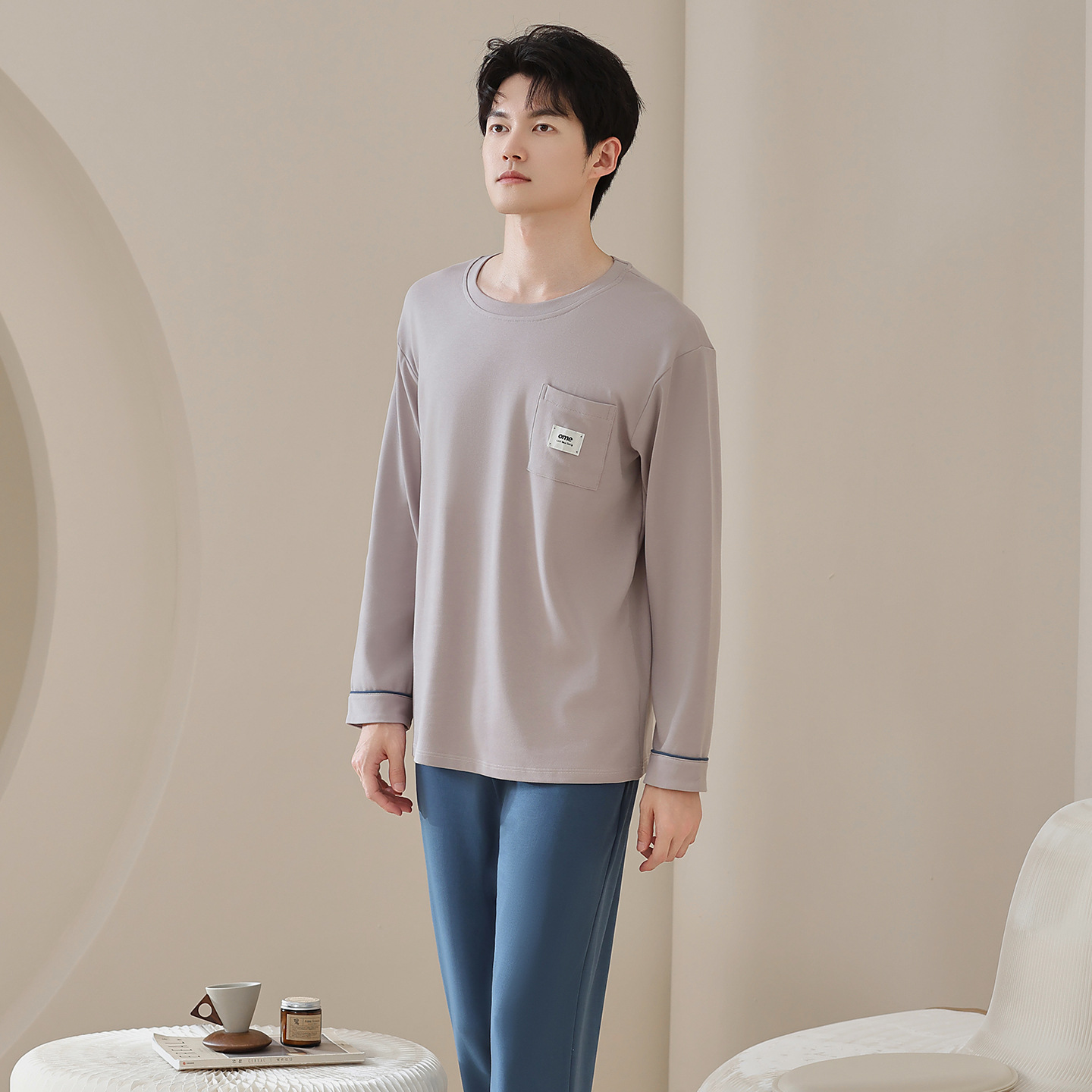 Spring and Autumn Pure Cotton Men's Pajamas Long-Sleeved Pants Cartoon Casual Teenagers Loose Pure Color Can Be Worn Outside Home Clothes