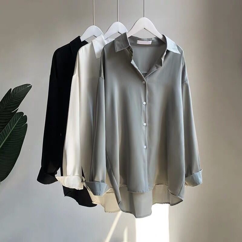 No-Iron White Shirt for Women, Silky Drape, Wrinkle-Resistant, Loose-Fitting, High-End Hong Kong Style, Long-Sleeve, Silk-Like Satin Chiffon Top