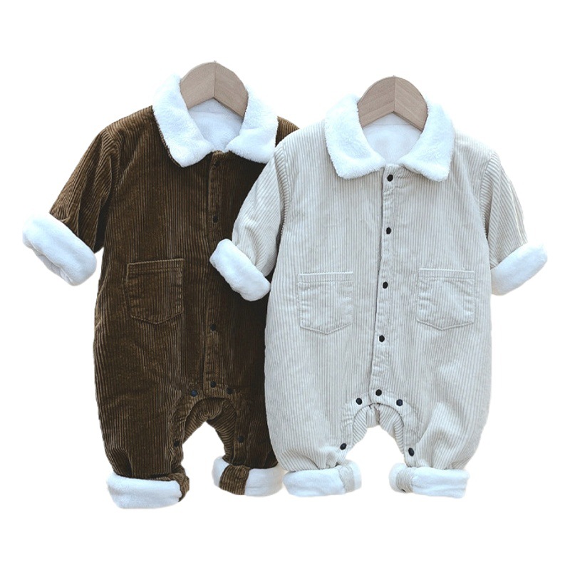 Bebé Caballero estilo coreano ropa de trabajo Mono forrado de lana lindo mameluco de manga larga bebé salida mameluco forrado de lana engrosado