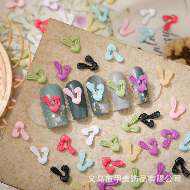 Cross-border New Love Rabbit Ears Nail Art Accessories Cute Vintage Three-dimensional Mixed Color Peach Heart Long Ear Rabbit Simple Decoration