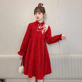 女童新年连衣裙冬季儿童女孩喜庆中国风旗袍大童红色过年拜年裙子
